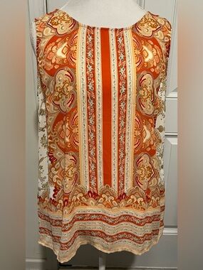 Cynthia Rowley Sleeveless Paisley & Floral Top Size XL Buttons Down Back Orange